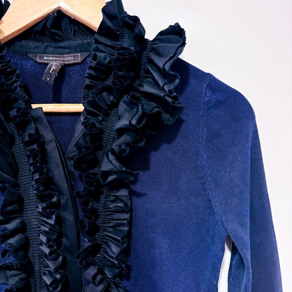 BCBGMAXAZRIA Navy Black Silk Ruffle Long Sleeve Dress | Small * - Picture 3 of 8